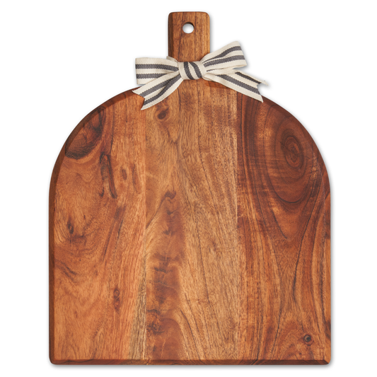 Wooden cutting board with a striped ribbon on a white background