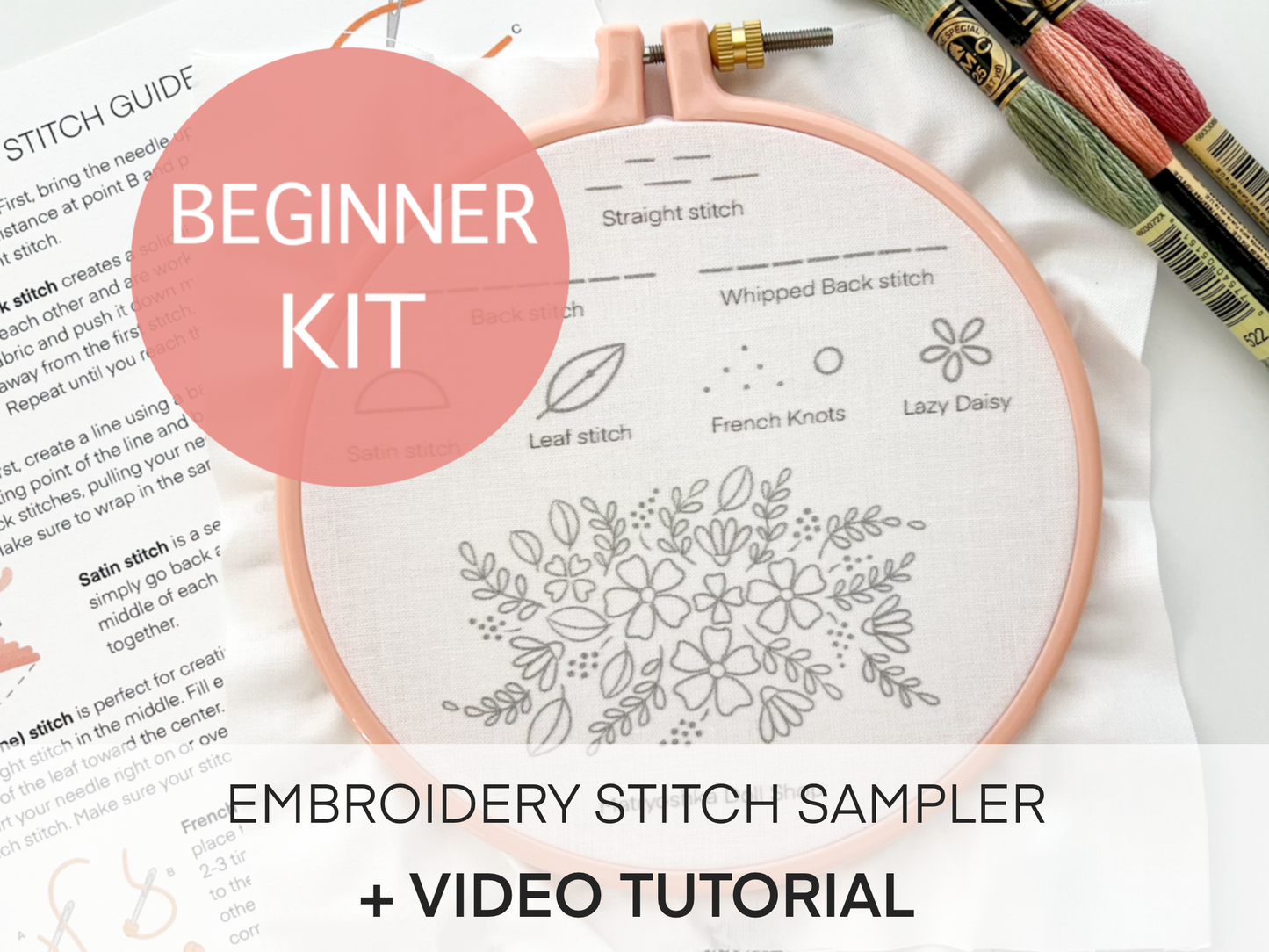 Stitch Sampler Embroidery Kit for Beginners – Learn 7 Stitches with Printed Pattern, Hoop, Thread & Video Tutorial