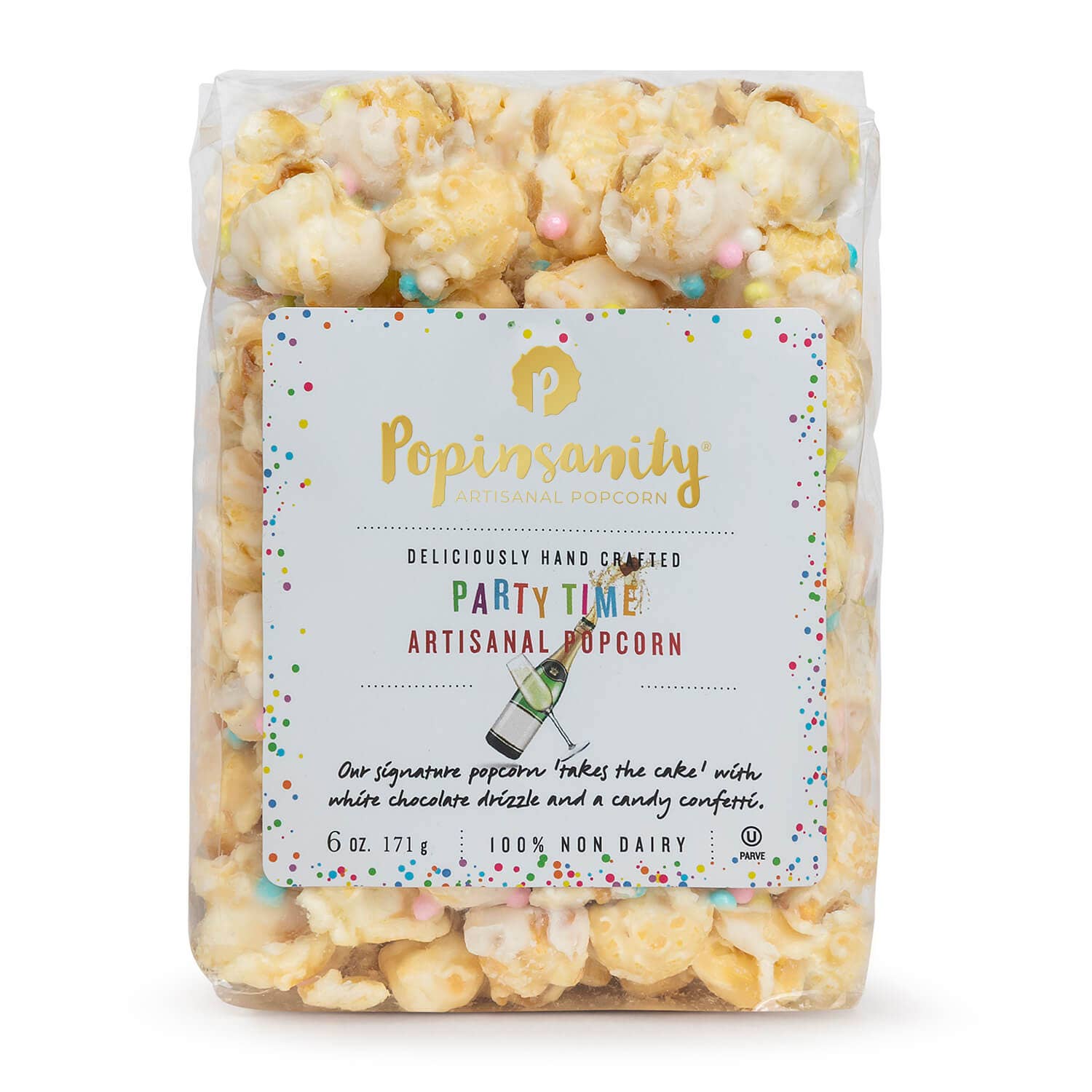 Bag of Popin' Canity popcorn with a label on a white background