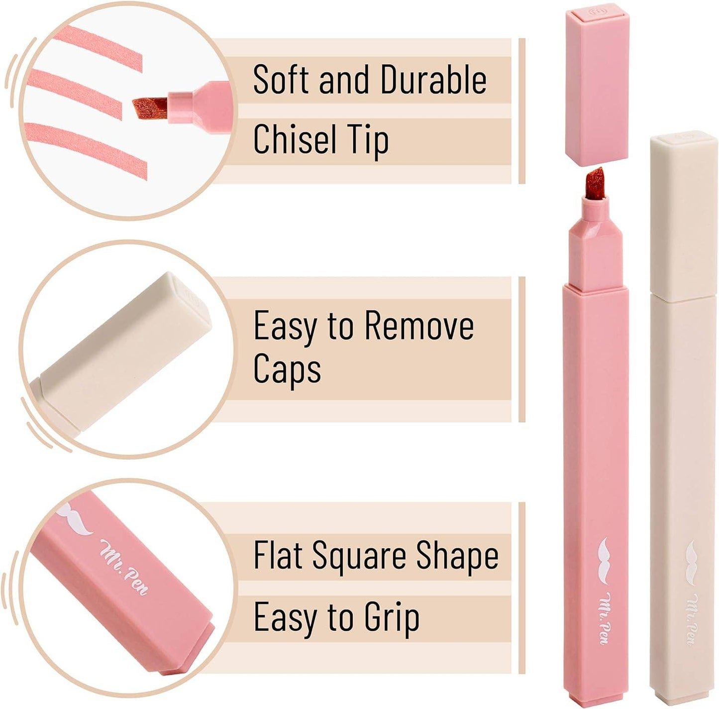 Mr. Pen Aesthetic Highlighters – 6-Pack Pastel No-Bleed Markers