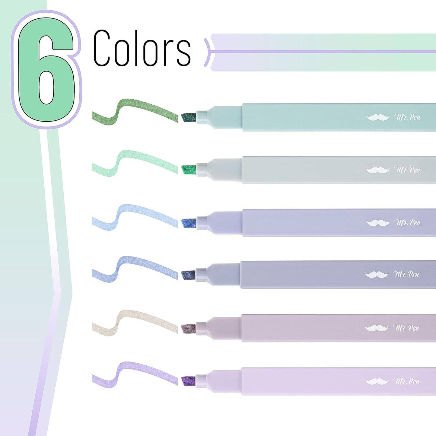 Mr. Pen Aesthetic Highlighters – 6-Pack Pastel No-Bleed Markers