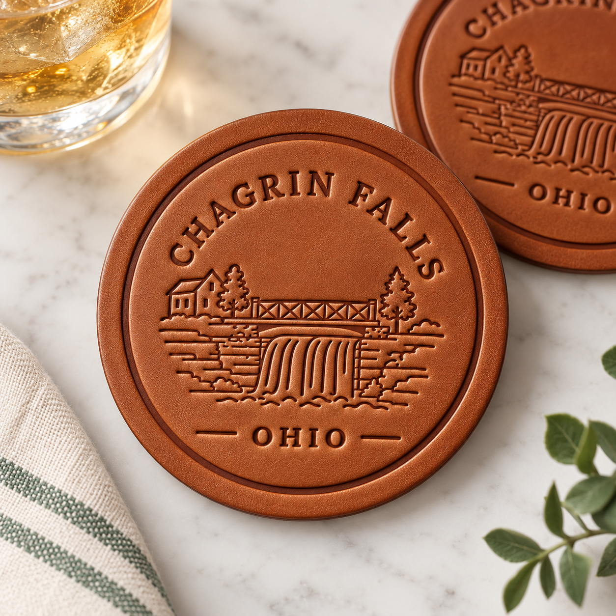 Chagrin Falls, Ohio Leather Coasters