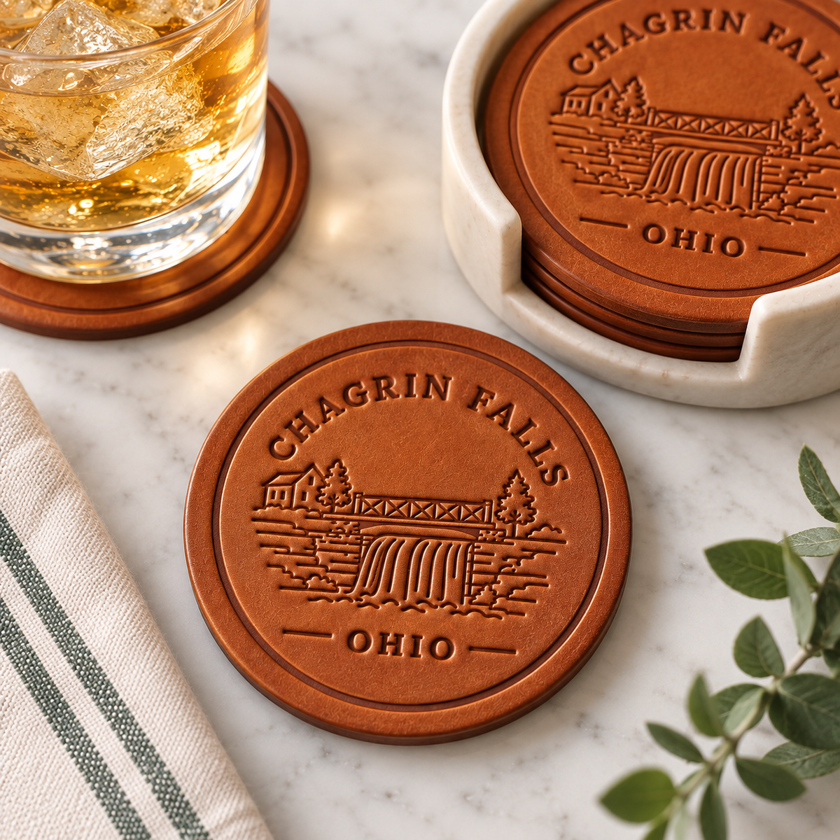 Chagrin Falls, Ohio Leather Coasters