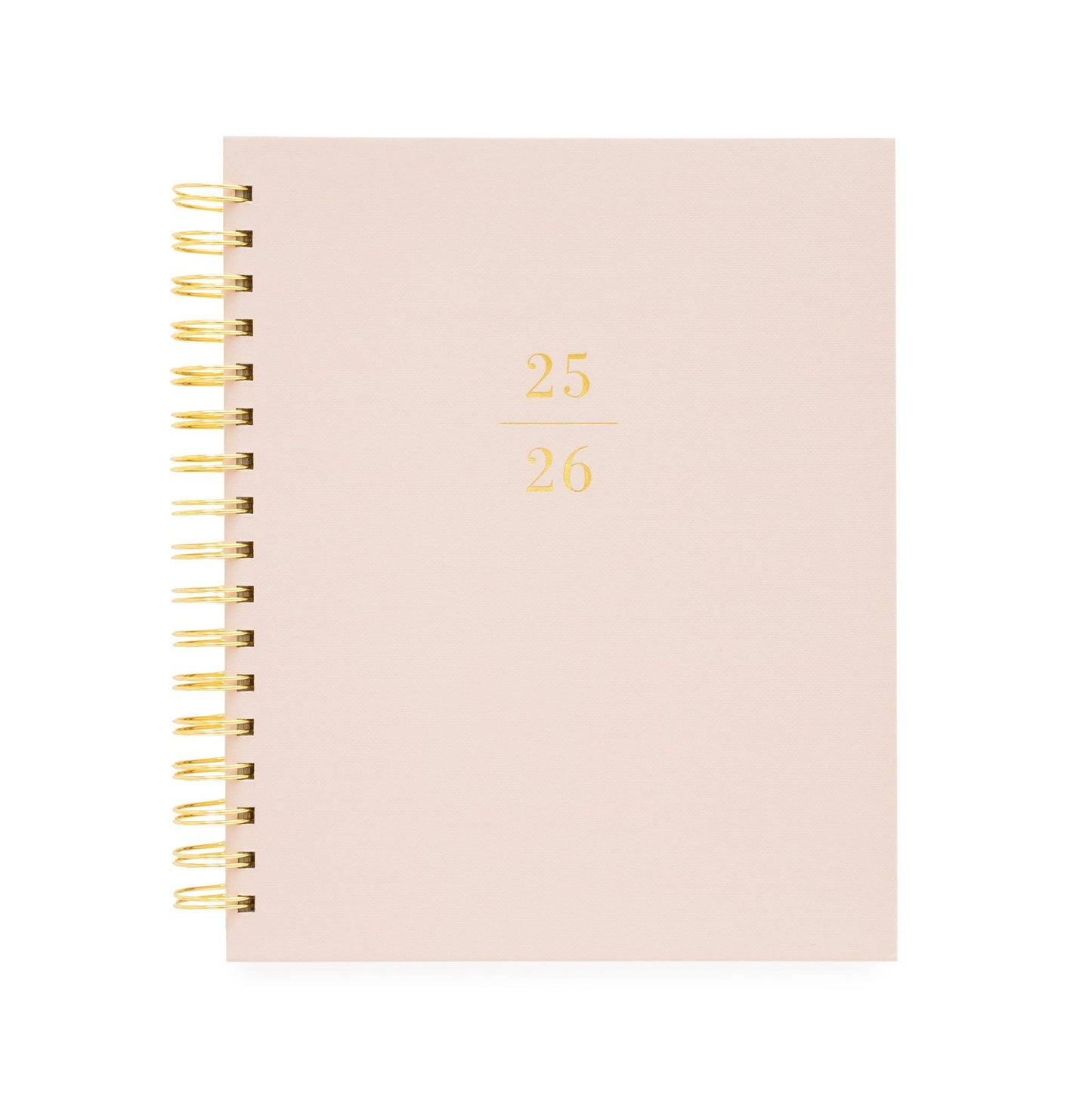 Blush pink planner with gold spiral binding on a white background