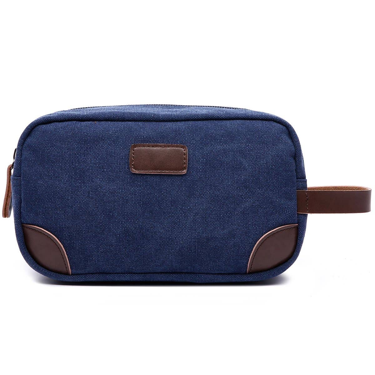 Blue toiletry bag with brown accents on a white background