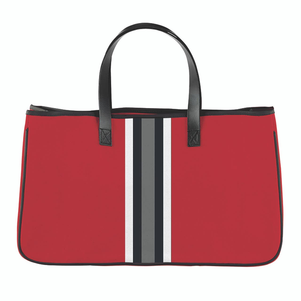 Red tote bag with black and white stripes on a white background