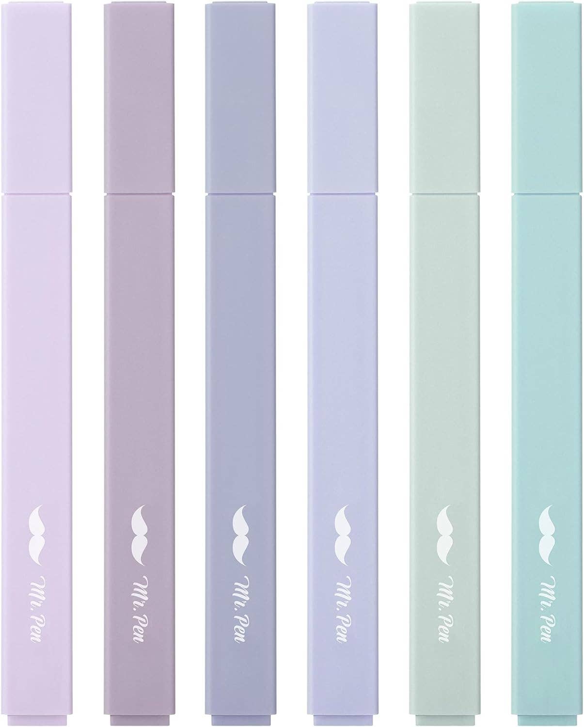Set of six pastel-colored highlighters with 'Mr. Pen' branding on a white background.