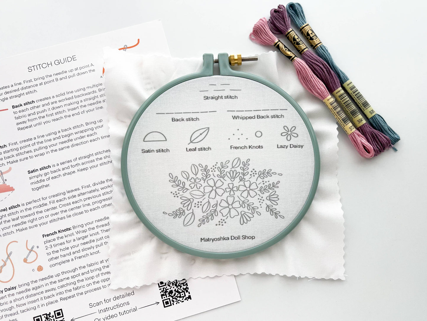 Stitch Sampler Embroidery Kit for Beginners – Learn 7 Stitches with Printed Pattern, Hoop, Thread & Video Tutorial