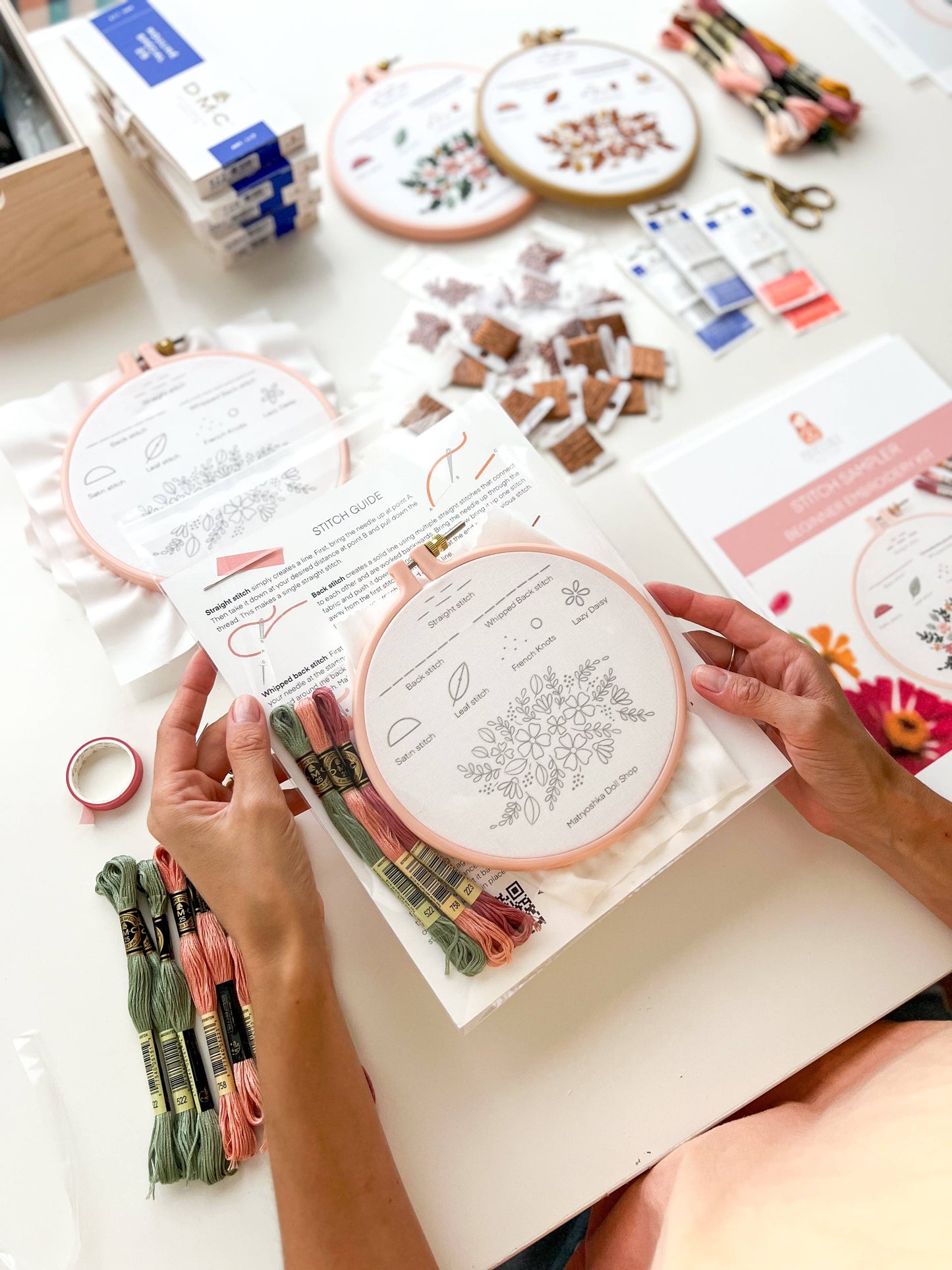 Stitch Sampler Embroidery Kit for Beginners – Learn 7 Stitches with Printed Pattern, Hoop, Thread & Video Tutorial