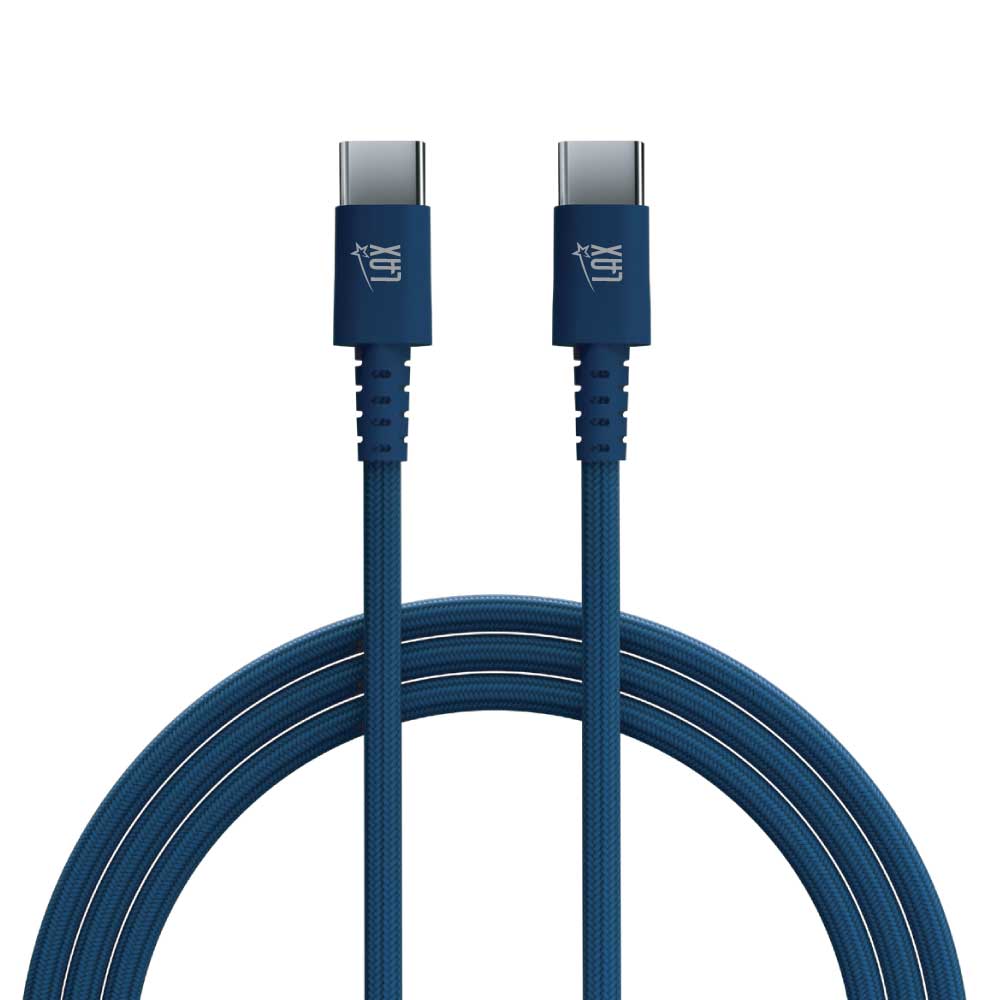 Blue cable with USB-C connectors on a white background
