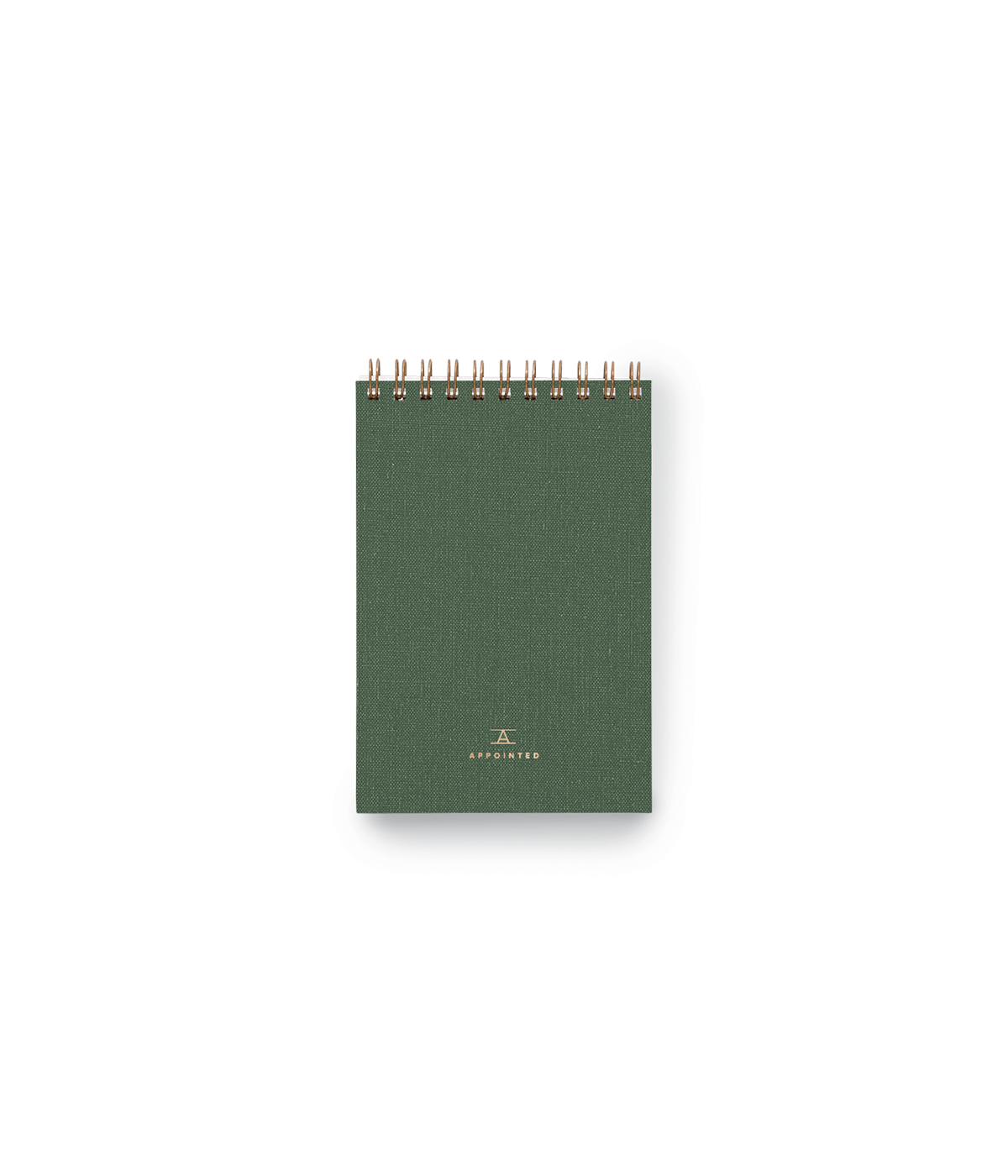 Green notebook with gold spiral binding on a white background