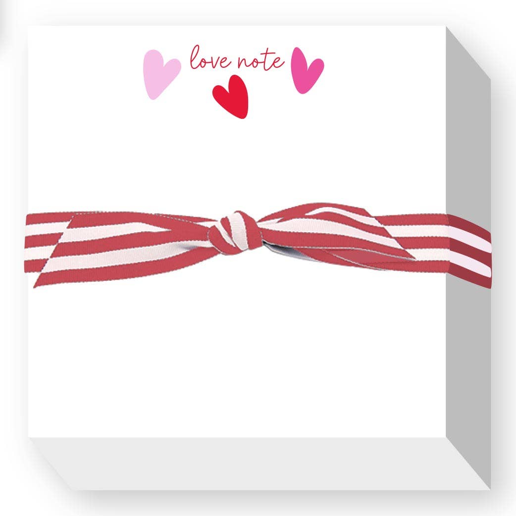 Note card with red and white striped bow and hearts on a white background