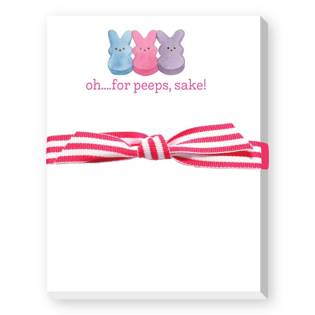 Notepad with a pink and white striped hair tie and Peeps-themed text on a white background
