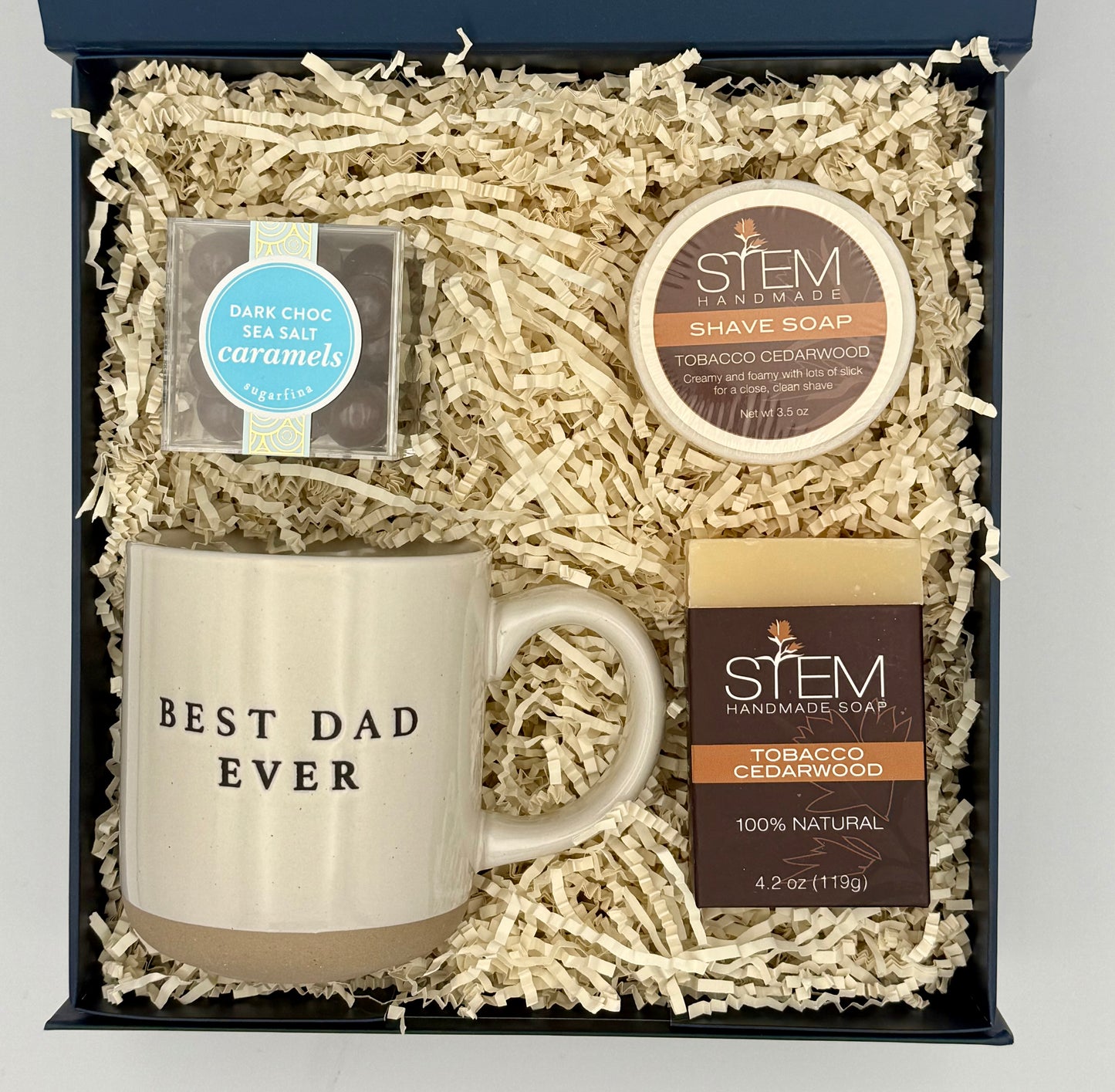 Gift set with 'Best Dad Ever' mug and STEM handmade soaps in a box