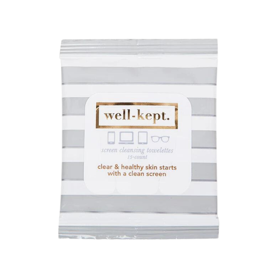 Pack of screen cleaning wipes with 'well-kept.' branding on a white background