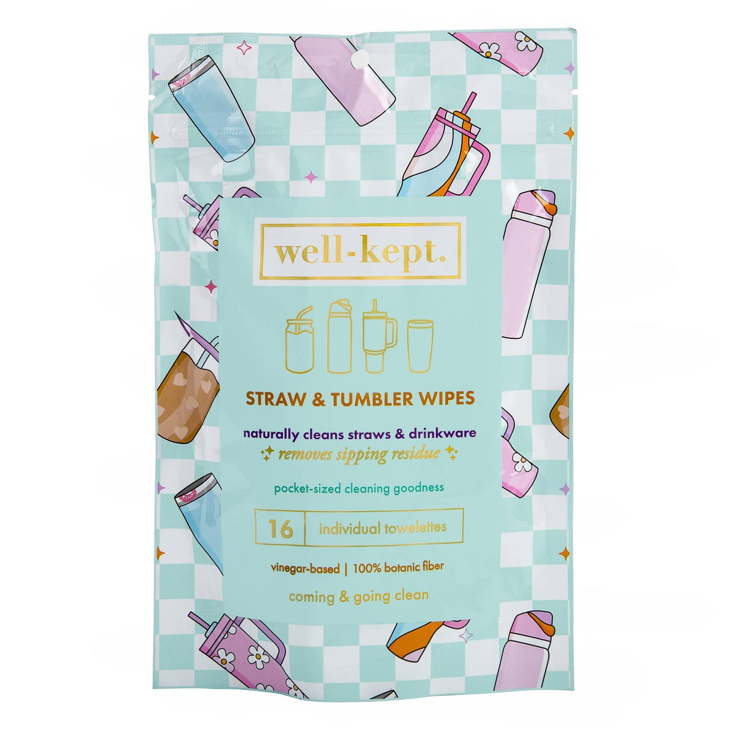 Pack of 'well-kept' straw and tumbler wipes on a checkered background