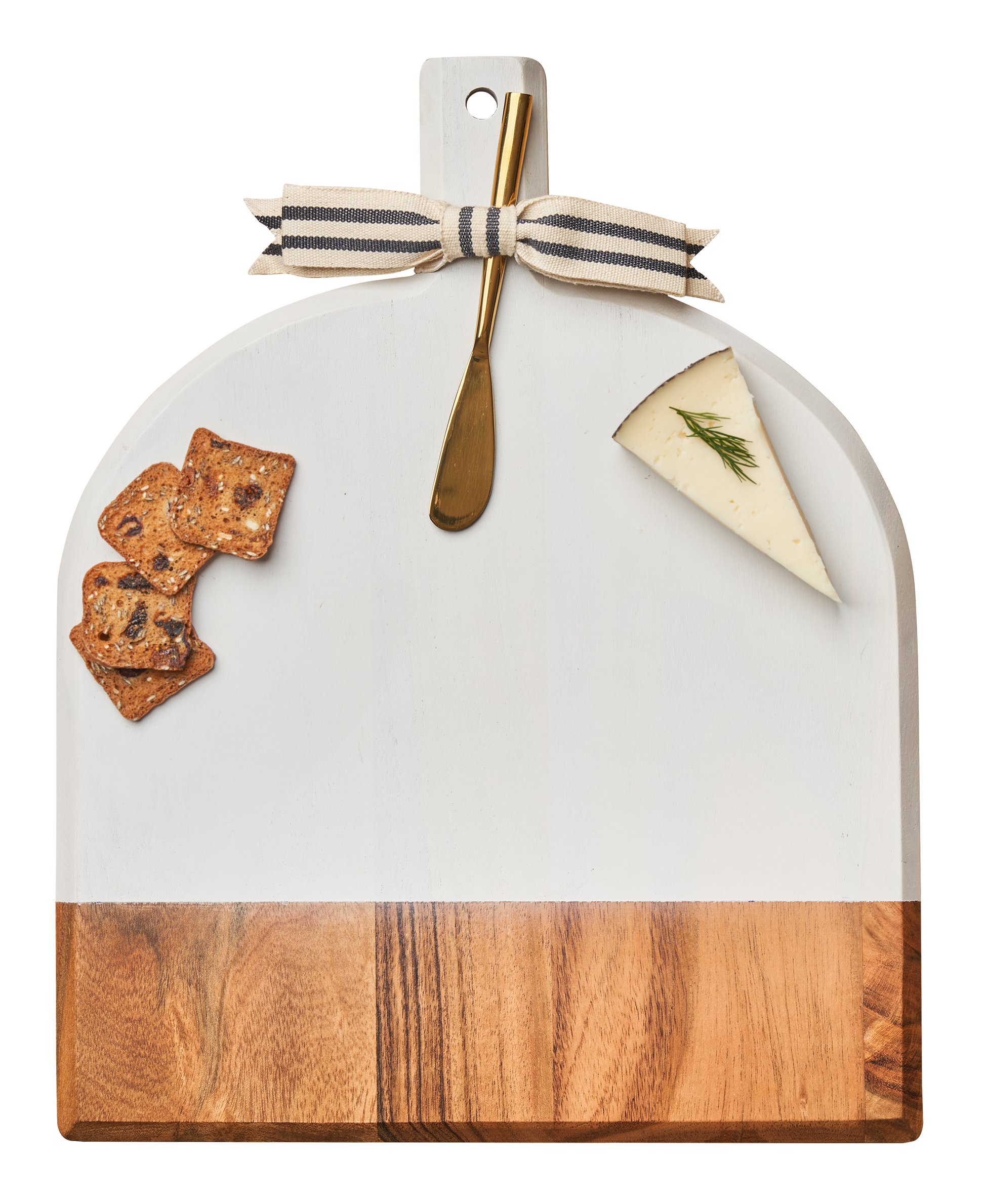 White marble cutting board with wooden bottom, gold spoon, and food items on a white background