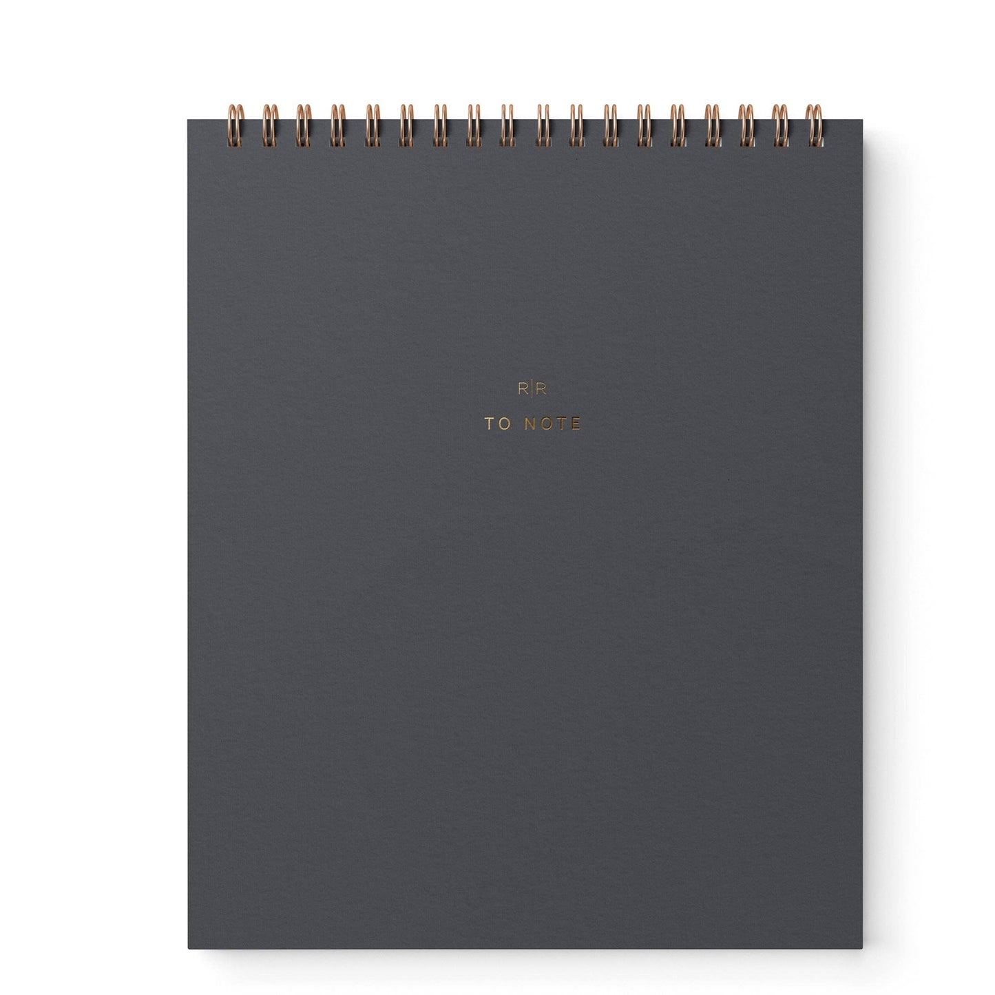 A dark gray spiral-bound notebook with a metallic rose gold wire binding and 'RIP TO NOTE' printed in rose gold foil on the front cover, shown on a plain white background.