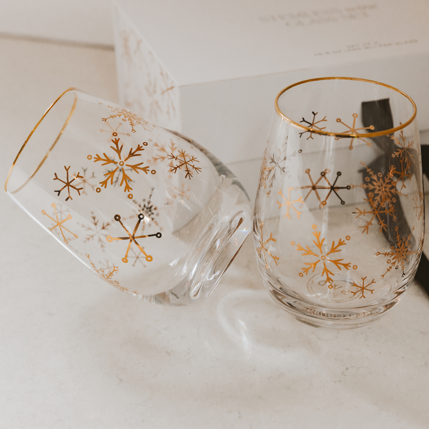 Stemless Wine Glasses | Snowflakes | Boxed Set of 2