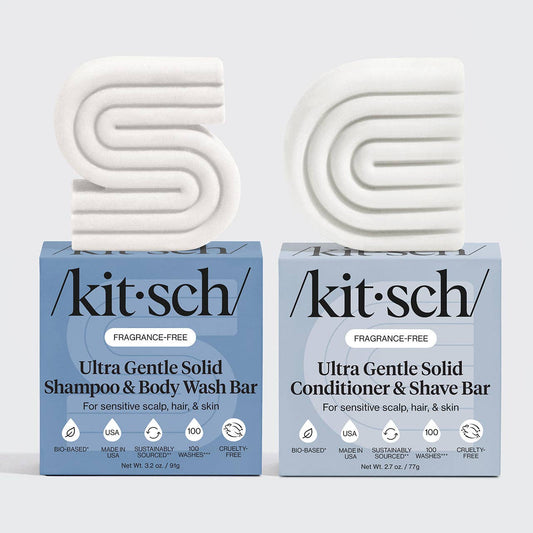 Two boxes of Kitsch ultra gentle solid shampoo and conditioner bars on a light gray background