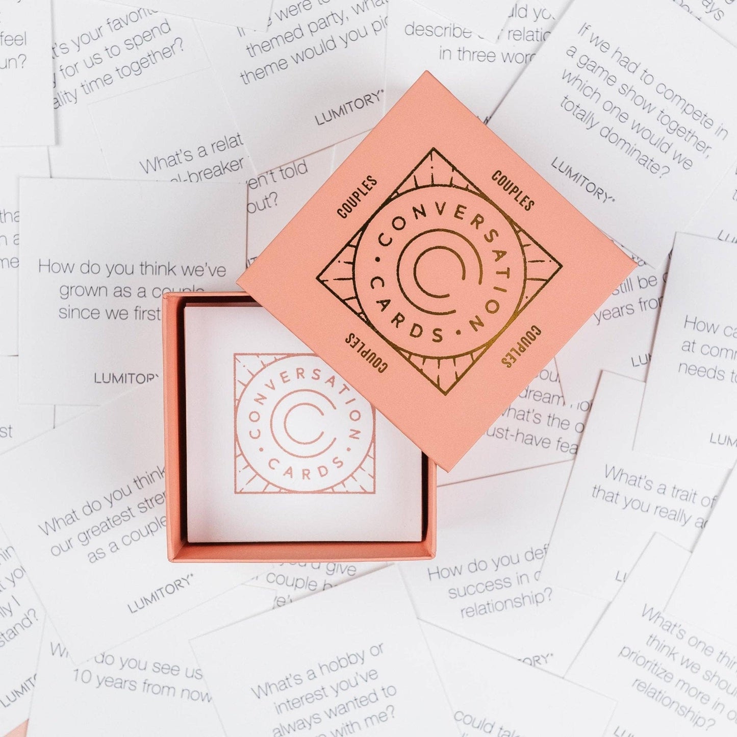 Couples conversation cards with pink box on a white background