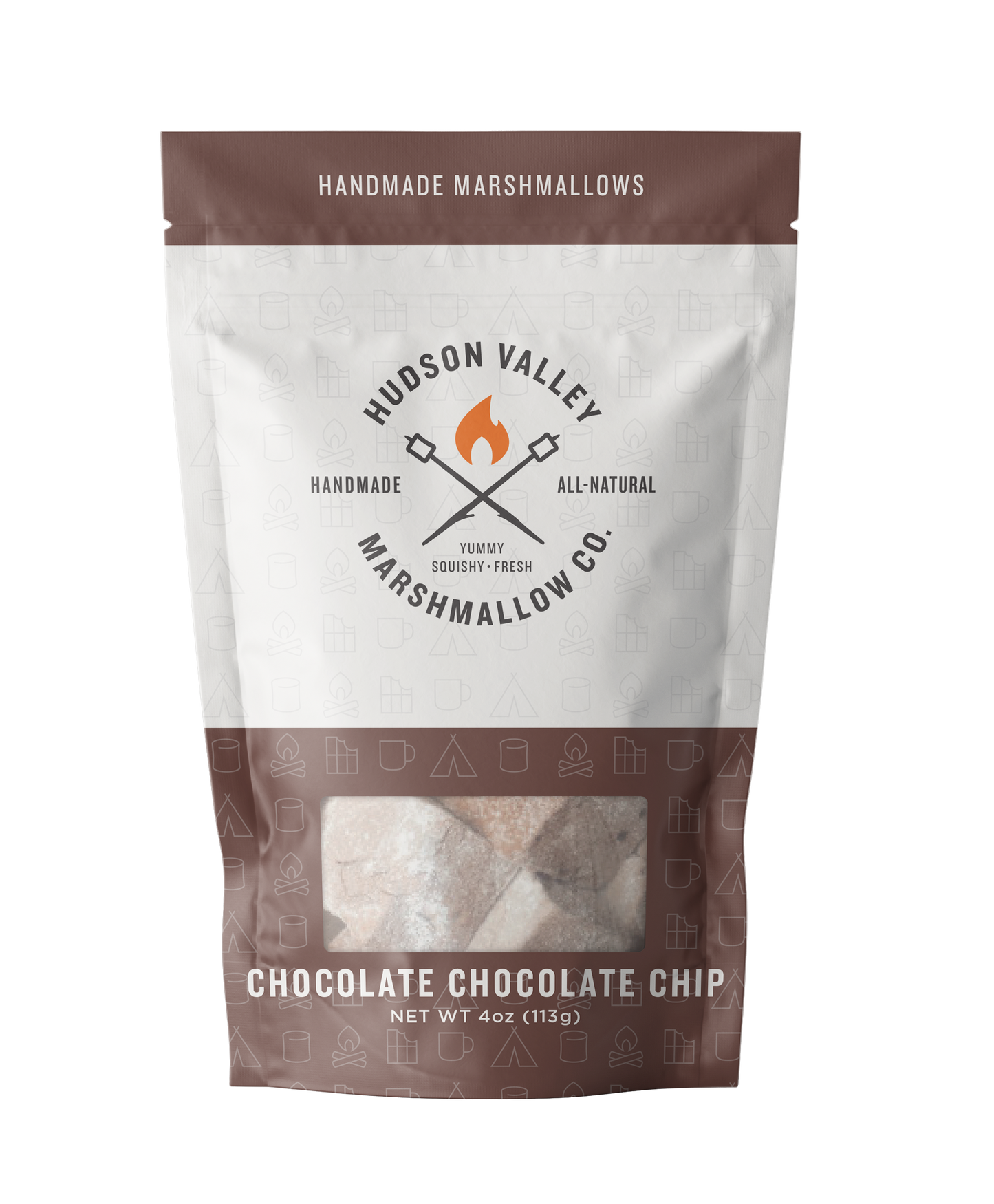 Hudson Valley Marshmallow Co. packaging for chocolate chocolate chip marshmallows on a white background