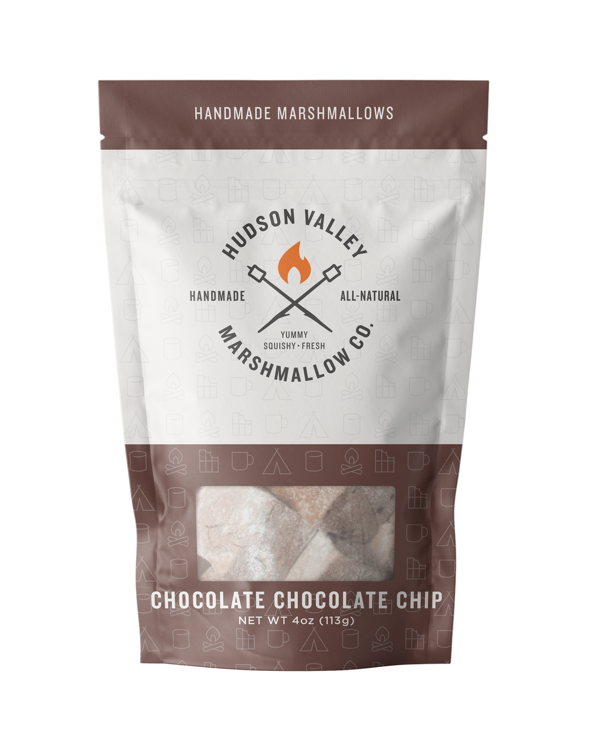 Hudson Valley Marshmallow Co. packaging for chocolate chocolate chip marshmallows on a white background