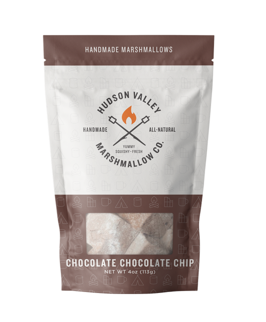 Hudson Valley Marshmallow Co. packaging for chocolate chocolate chip marshmallows on a white background