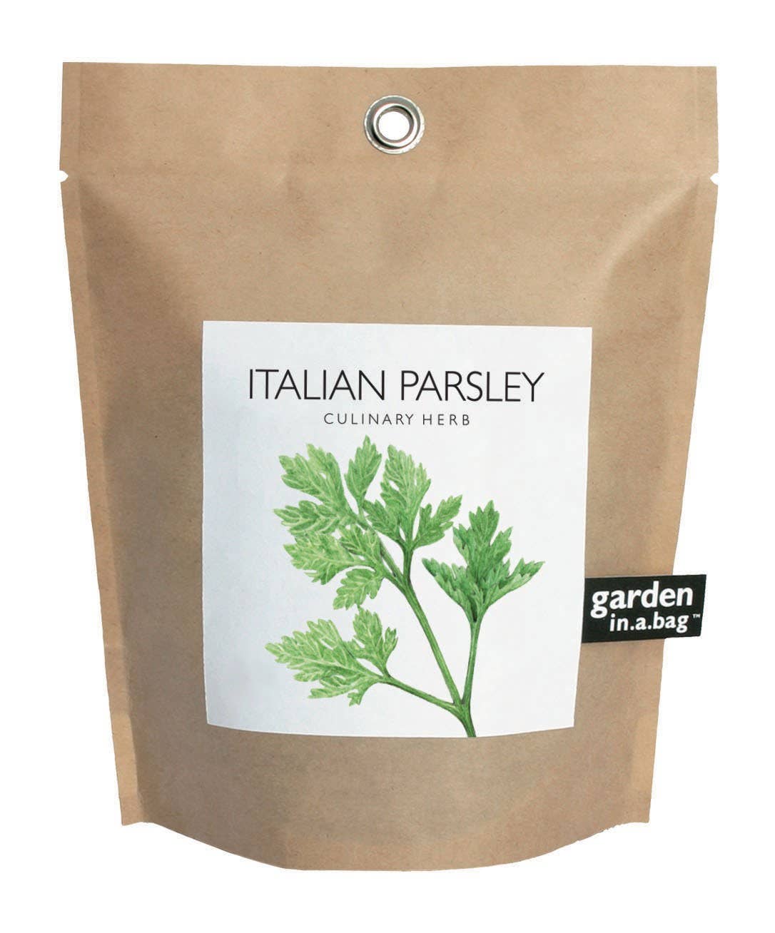 Kraft paper package of Italian parsley with a label on a white background