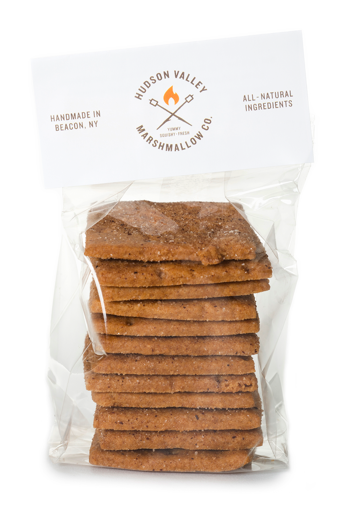 Stack of square cookies in a clear bag with 'Hudson Valley Marshmallow Co' branding on a white background.