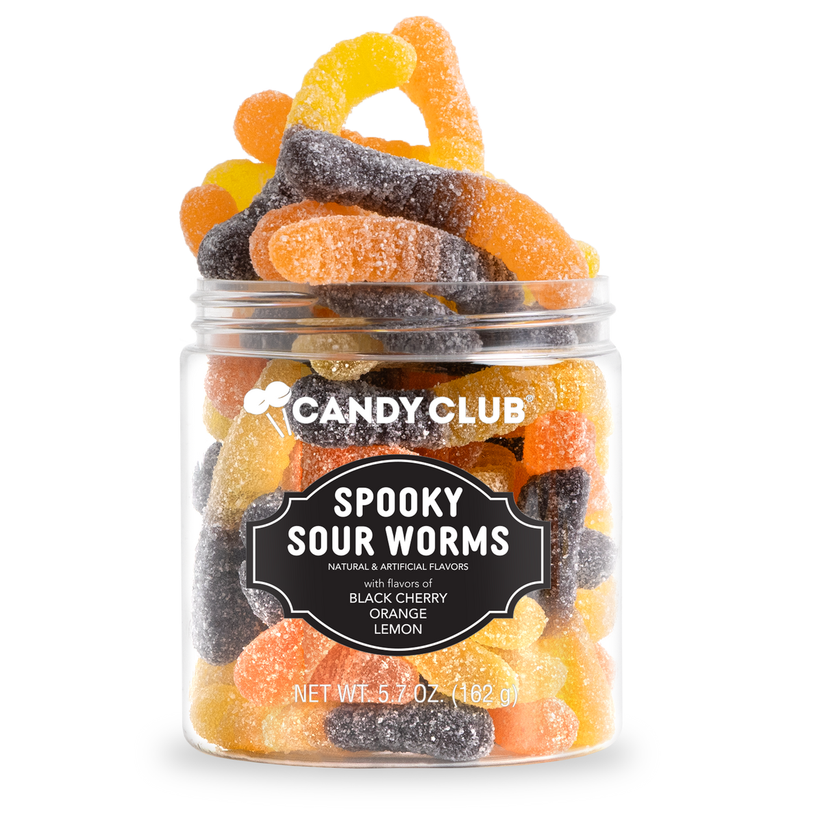 A clear plastic jar filled with assorted sour gummy worms by Candy Club, labeled 'Spooky Sour Worms' in black, orange, and dark red colors, on a white background.