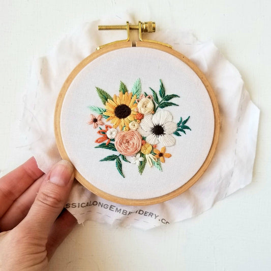 Embroidery hoop with floral design held by a hand on a white background