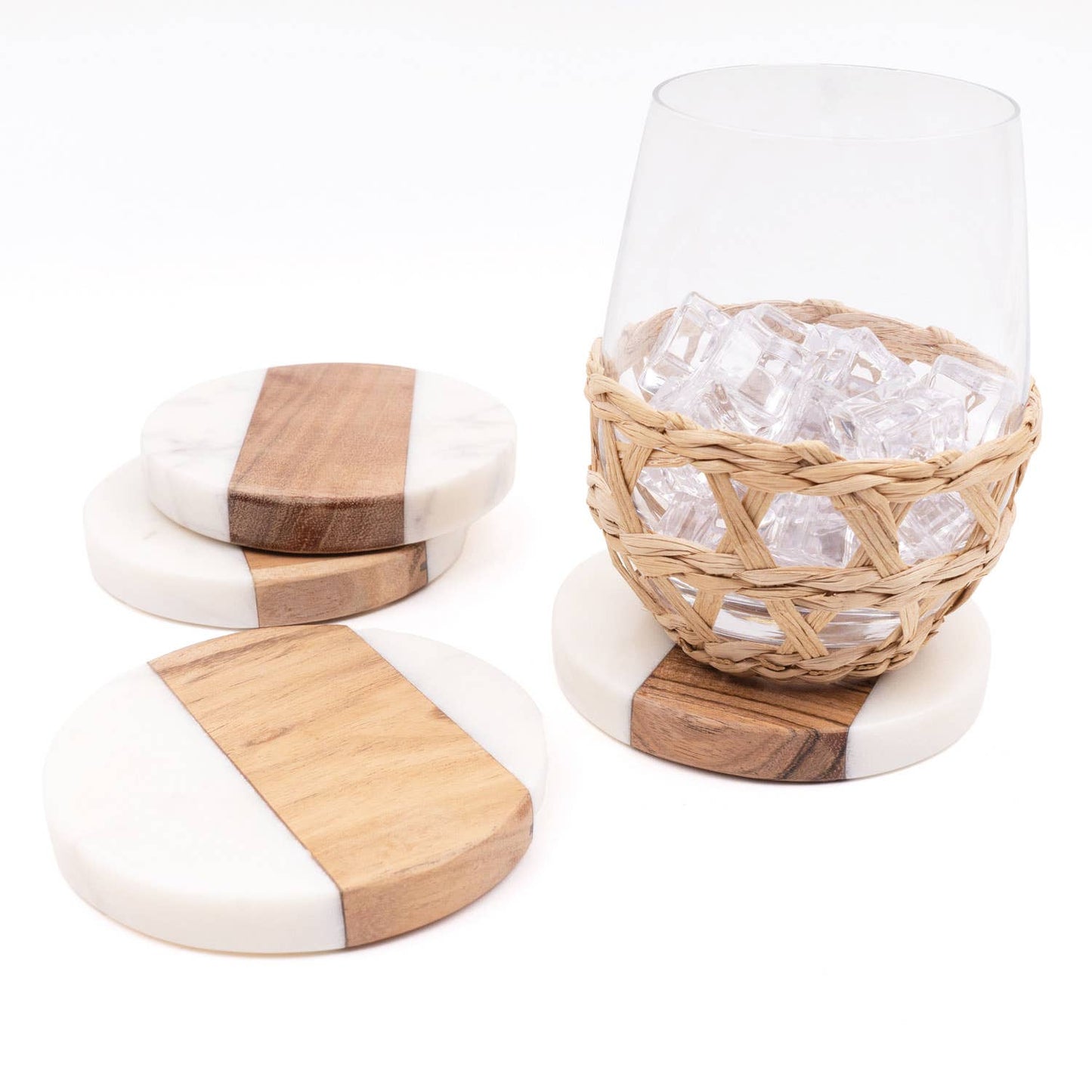 Marble + Wood Round Coaster Set of 4