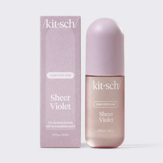 Sheer Violet hair perfume bottle and packaging on a white background