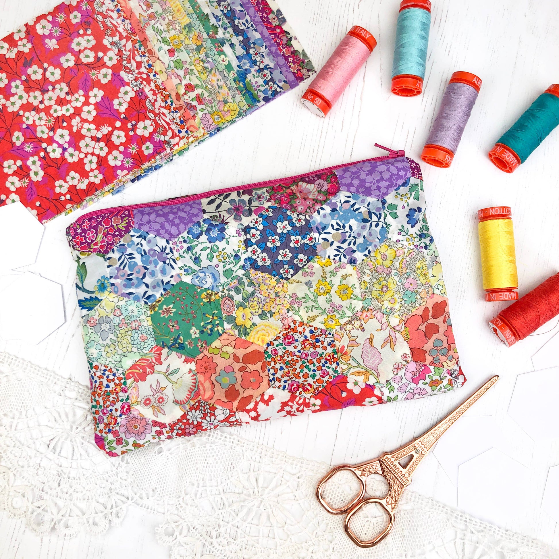 Colorful floral-patterned pouch with sewing threads and scissors on a white background