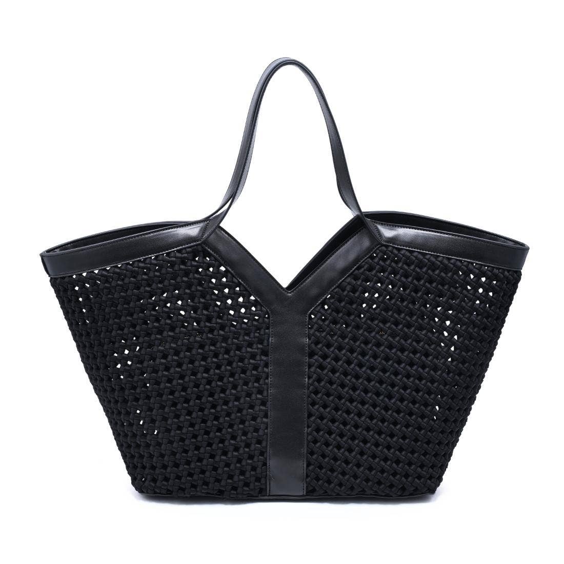 Black woven handbag with a smooth black handle on a white background
