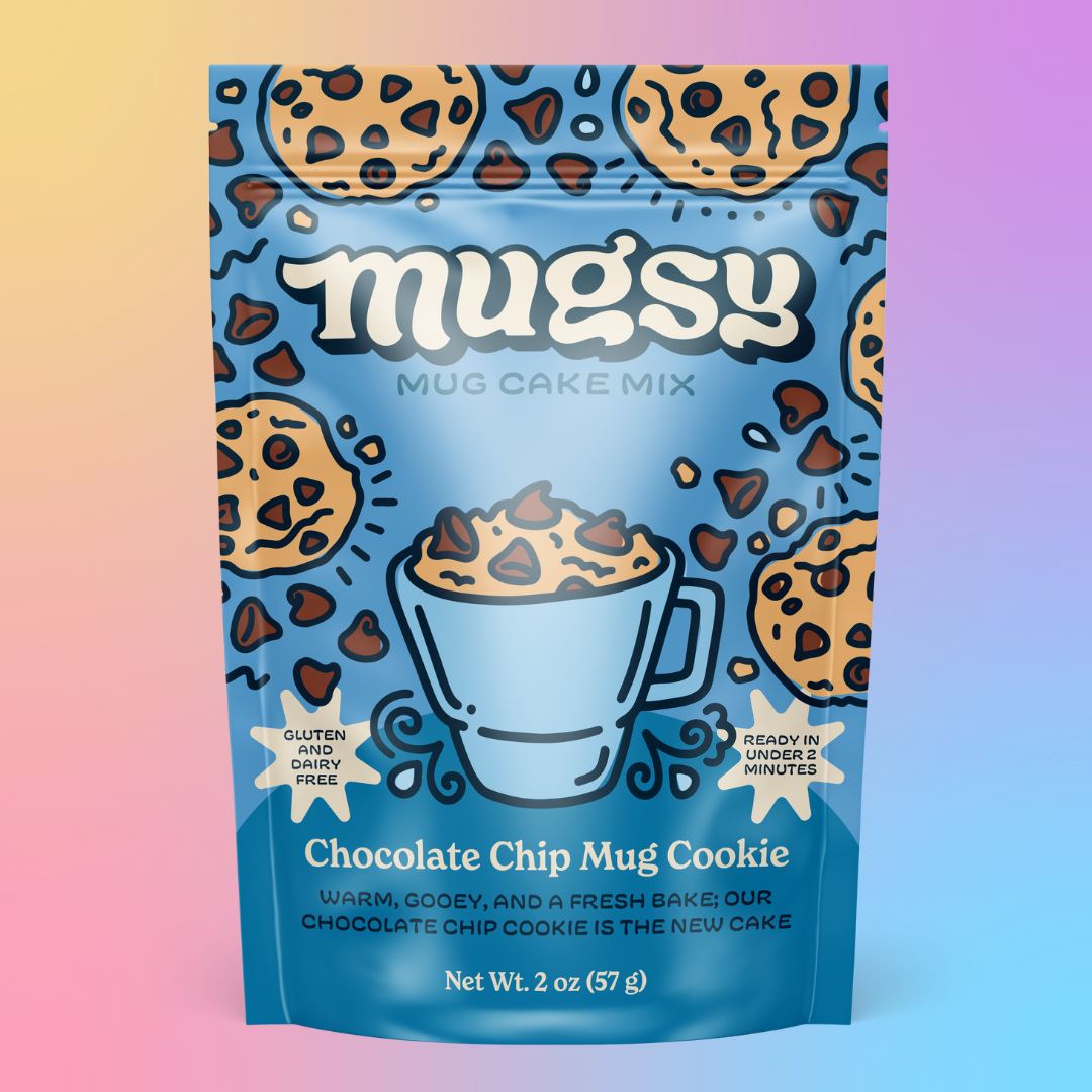 Mugsy Chocolate Chip Mug Cookie cake mix package on a gradient background