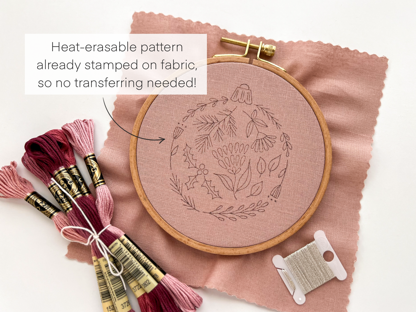 Embroidery hoop with floral pattern on pink fabric, surrounded by embroidery threads and a spool of thread.