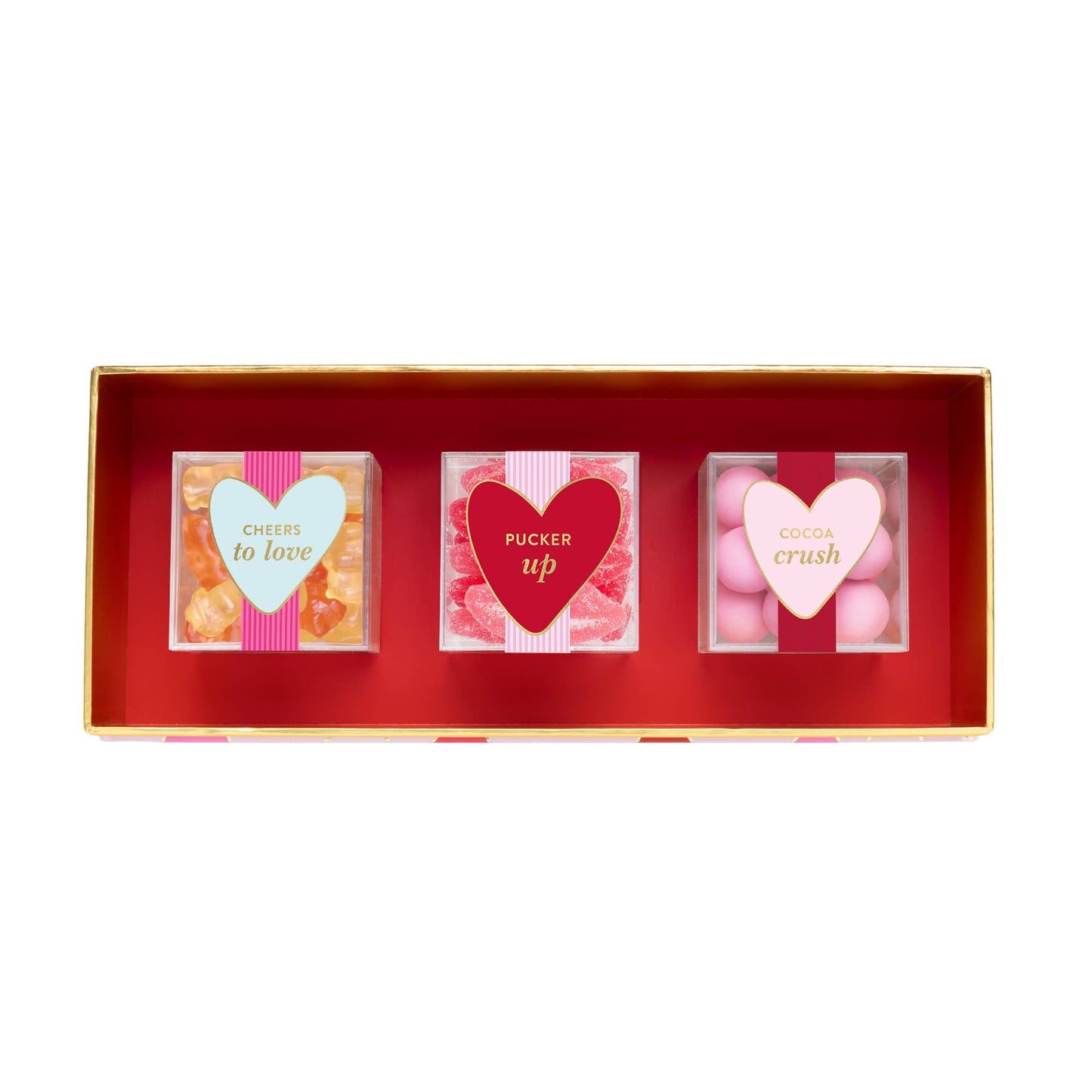 Three heart-shaped candy boxes with text in a red box on a white background