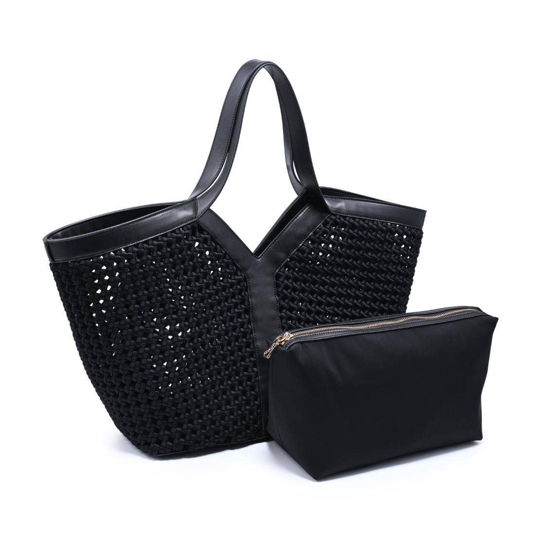Black woven handbag with a matching pouch on a white background