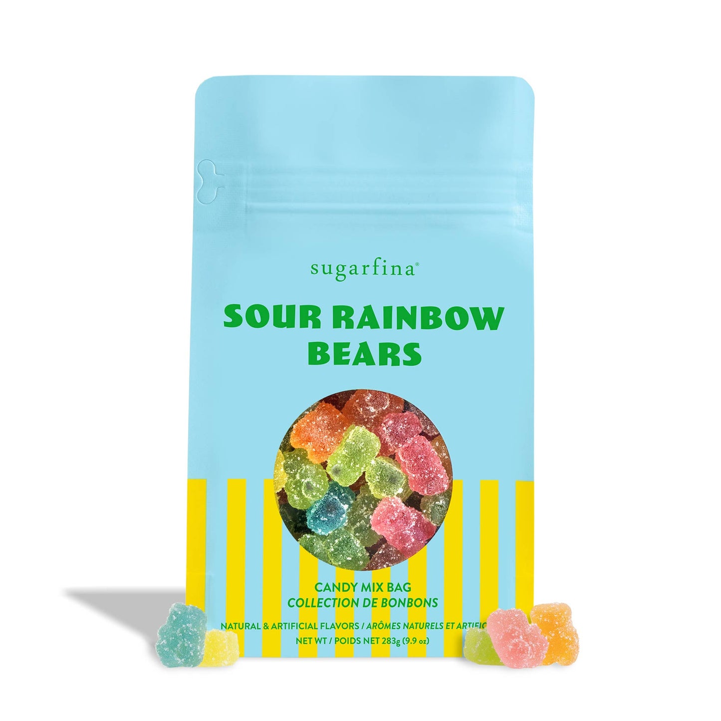 Packaging of sugarfina Sour Rainbow Bears gummy bears with a light blue background.