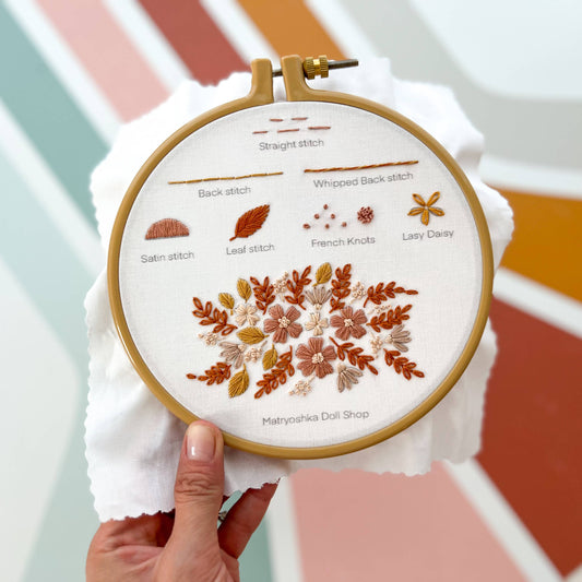 Embroidery hoop with floral design and stitch instructions against a colorful geometric background