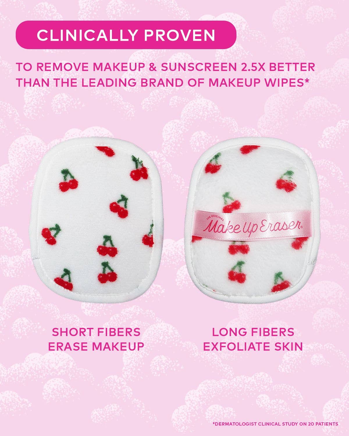 MakeupEraser with cherry pattern on a pink background with text about clinical proven effectiveness.