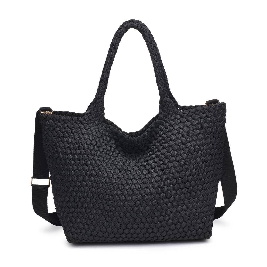 Black woven handbag on a white background