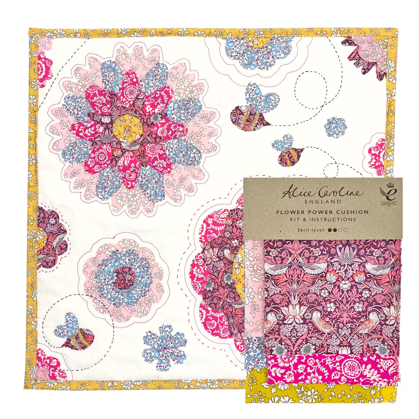 Floral patterned cushion cover with packaging and label on a white background