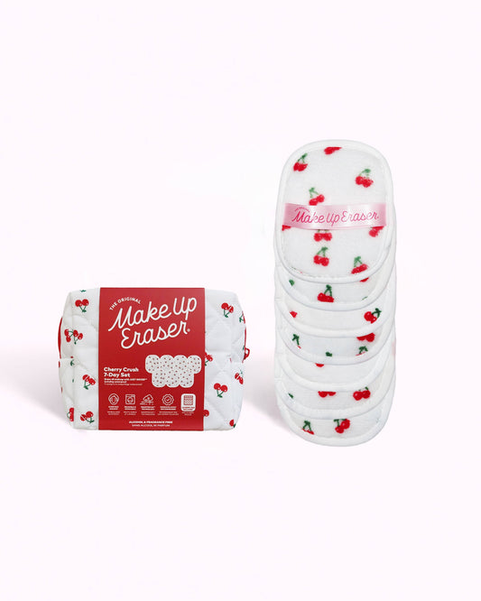 Make-up eraser with cherry design and packaging on a white background