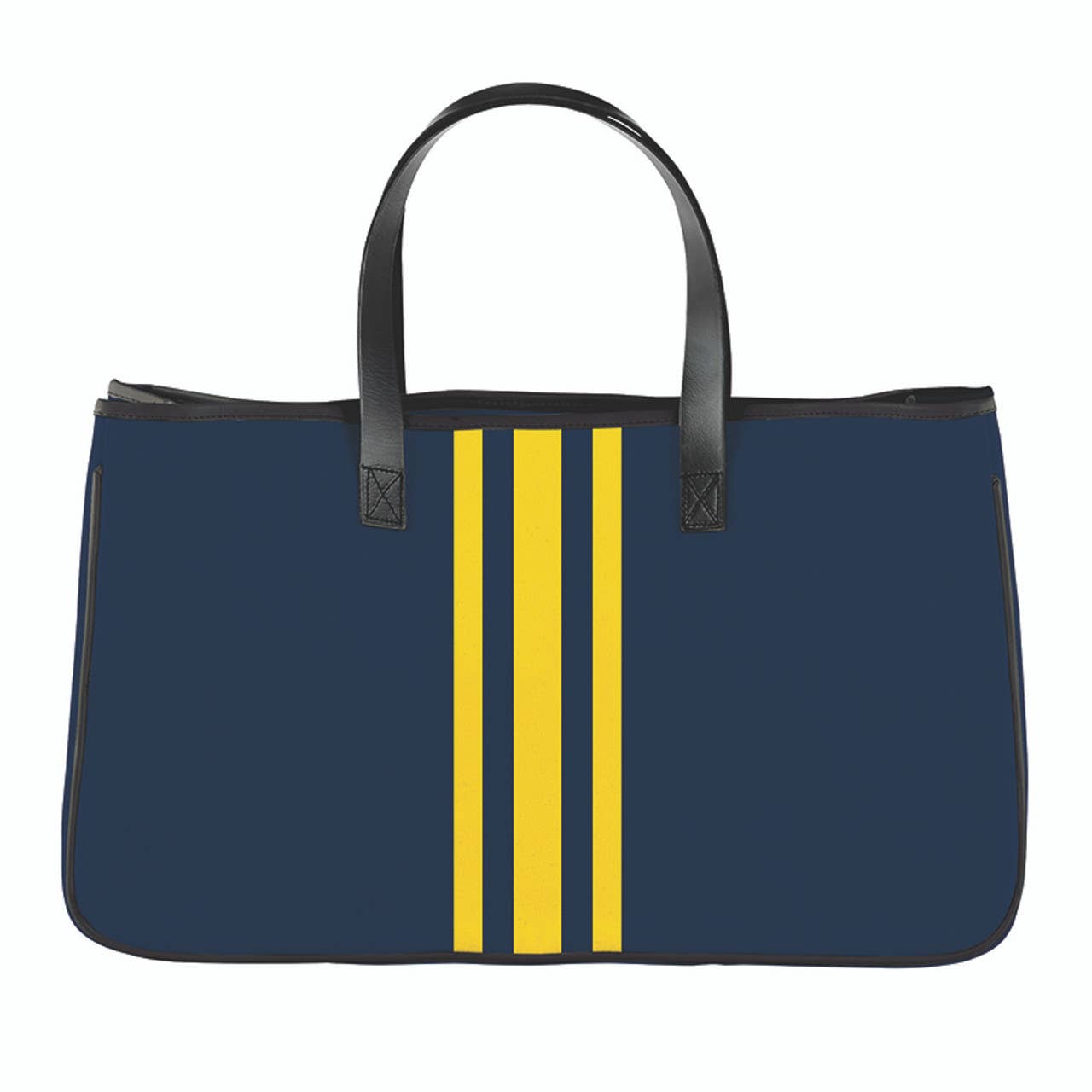 Blue tote bag with yellow stripes and black handles on a white background