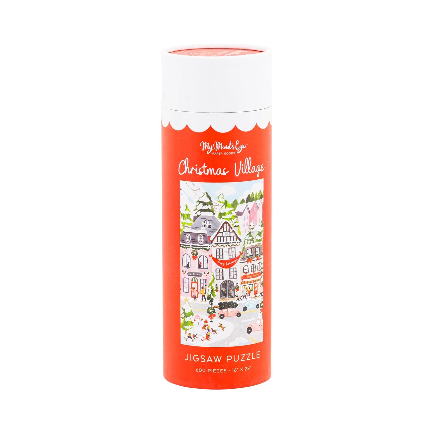 A cylindrical cardboard puzzle box for the 'My Made Up Christmas Village' jigsaw puzzle, featuring a bright red-orange body with a white cap and a colorful illustration of a village scene on the front.