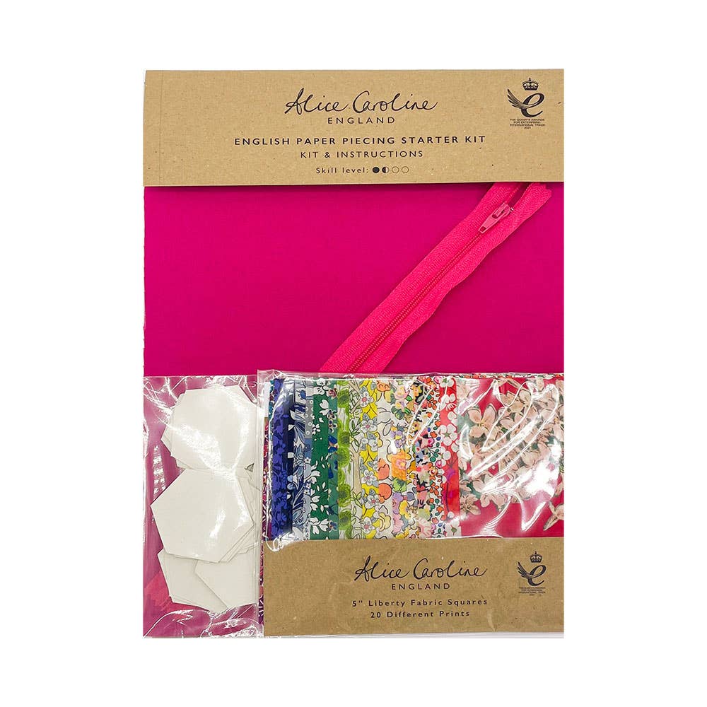 Alice Caroline England paper piecing starter kit packaging with fabric samples on a white background