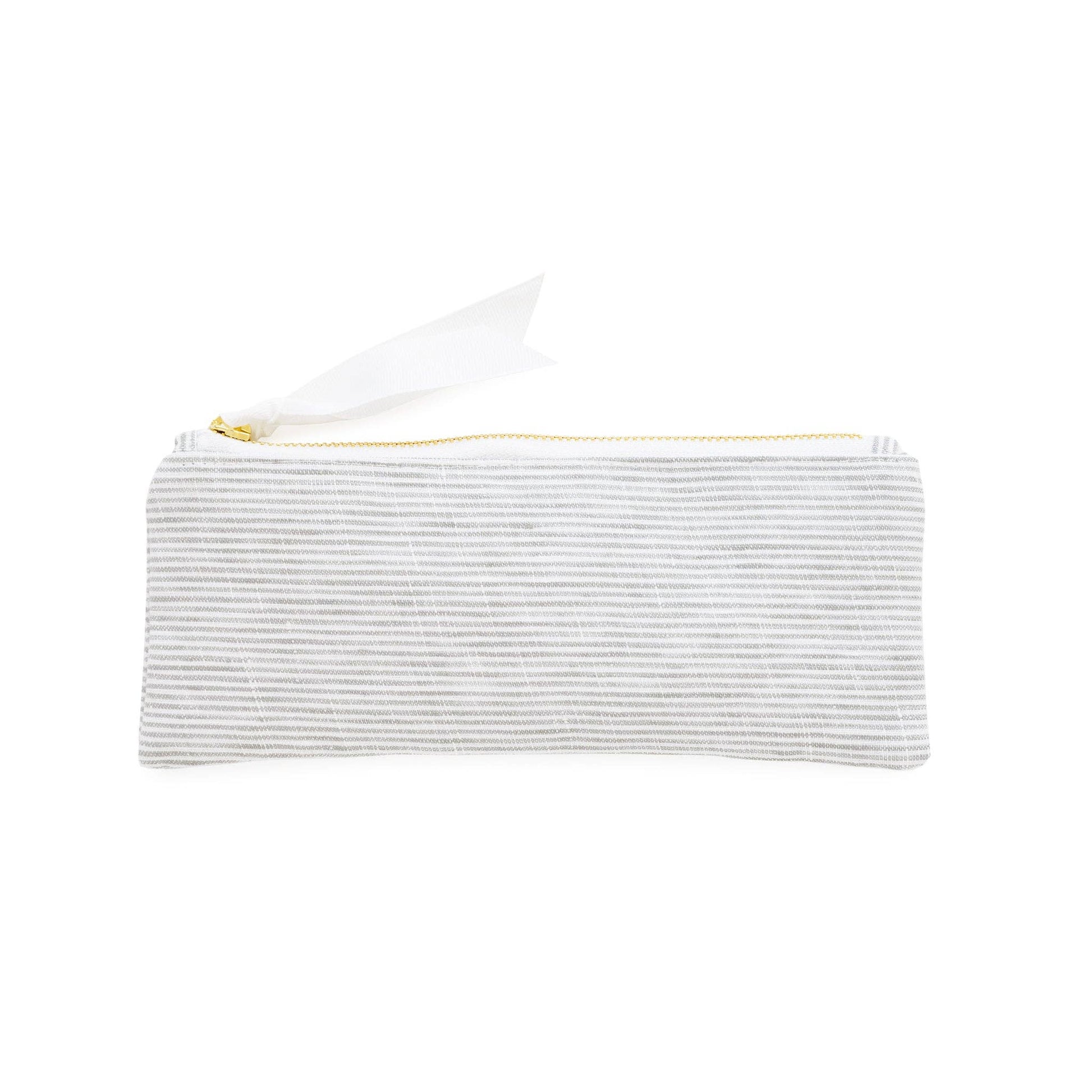 Striped pouch with a gold zipper on a white background
